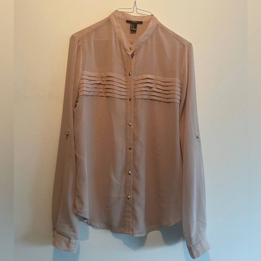 Forever 21 Beige/Blush Button-Front Pleated Blouse